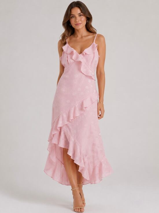 Japna Dresses & Skirts - Japna Ruffle Midi Dress Satin Floral Jacquard Cottagecore Y2k Asymmetric Pink